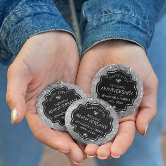 Zilver & Zwart 25ste bruiloft Jubileum Ronde Button 4,0 Cm