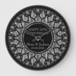 Zilver & Zwart Bloemen Mandala Bruiloft Jubileum Grote Klok