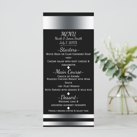 Zilver & Zwart Eenvoudige Elegante Chic Menu Kaart (Staand voorkant)