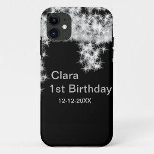 Zilver zwart glitters voeg naam verjaardag datum j iPhone 11 hoesje