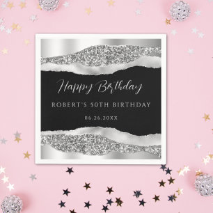 Zilver Zwart Happy Birthday Papier Servet