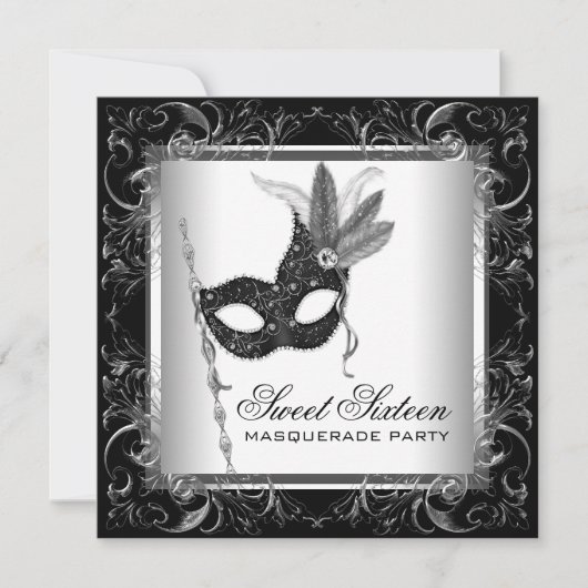 Zilver Zwart Wit Sweet 16 Masquerade Party Kaart (Voorkant)