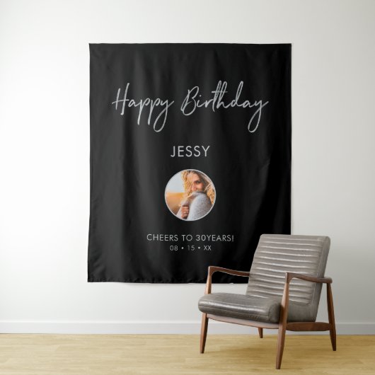 Zilver & Zwarte Verjaardag Foto Feest Achtergrond Wandkleed (In situ)