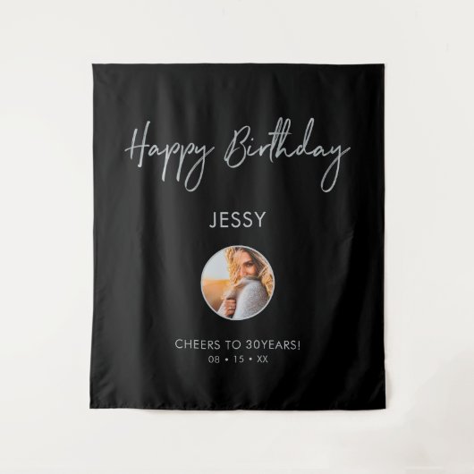 Zilver & Zwarte Verjaardag Foto Feest Achtergrond Wandkleed (Voorkant)