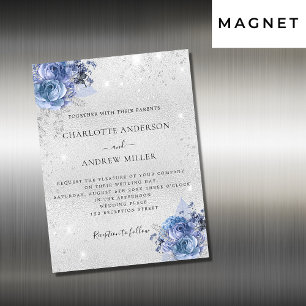 Zilverblauwe bloemen elegante luxe trouw magnetische uitnodiging