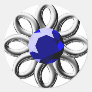 Zilverbloem met blauwe steen ronde sticker