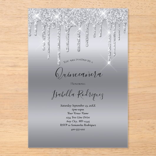 Zilverdrukking Glitter Glam Quinceanera Birthday Acryl Uitnodigingen (Voorkant)