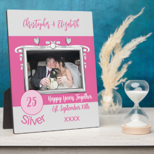 Zilveren 25 jaar jubileum voeg namen foto roze toe fotoplaat