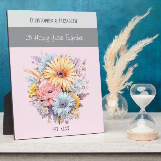 Zilveren 25e jubileum bloemen namen roze fotoplaat (Zijkant)