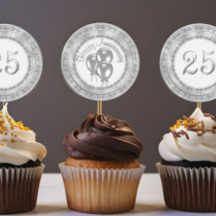 Zilveren 25e Jubileum Cupcake Sticker topper