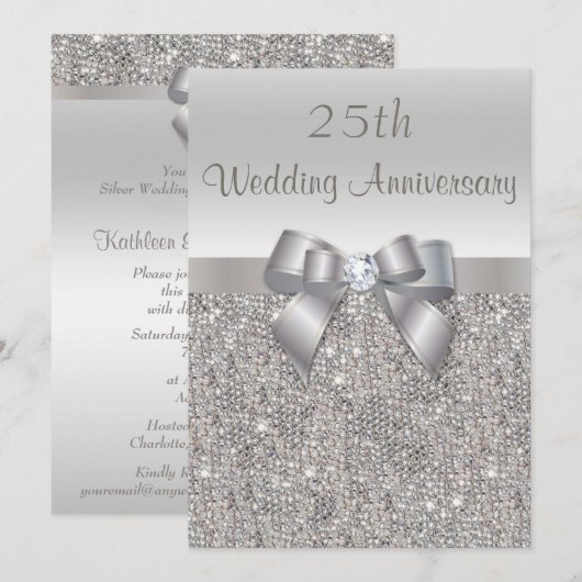 Zilveren 25e trouwdagjubileum Pailletten en Strik Kaart (Voorkant / Achterkant)