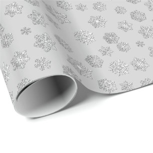 Zilveren 3 Dsneeuwvlokken op een zilveren grijze Cadeaupapier