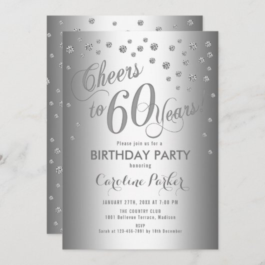 Zilveren 60e verjaardagsfeest kaart (Voorkant / Achterkant)