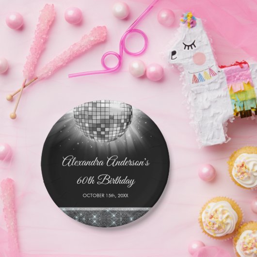 Zilveren 60e Verjaardagsfeestje 70's Disco Ball Papieren Bordje (Feest)