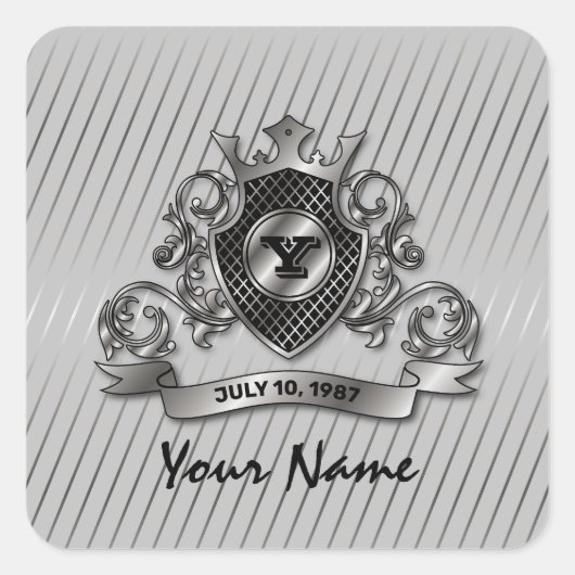 Zilveren Aangepaste Elegante Monogram Ontwerp Vierkante Sticker (Voorkant)