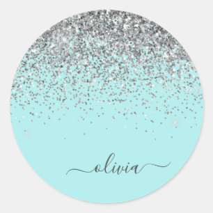 Zilveren Aqua Teal Blauwe Meisjesachtige Glitter M Ronde Sticker