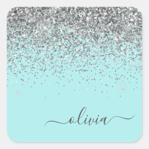 Zilveren Aqua Turquoise Blauwe Meisjesachtige Glit Vierkante Sticker