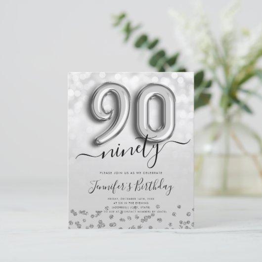 Zilveren ballon glitter 90ste verjaardagsfeestje u (Staand voorkant)