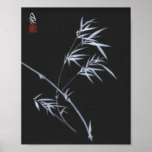 Zilveren Bamboe op Zwarte Chinese Kwast Kunstprint Poster