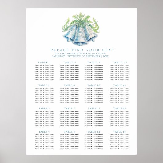 Zilveren belletjes 16 tafels trouwzaalstoelindelin poster (Voorkant)
