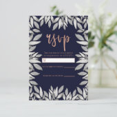 Zilveren Bladeren Botanische Glam Blauwe Roze Antw RSVP Kaartje (Staand voorkant)