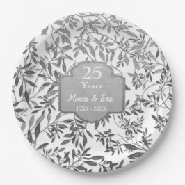 Zilveren bladeren op wit 25e Jubileum Papieren Bordje