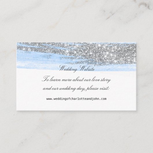 Zilveren Blauw Glitte Delicate Script Bruiloft Web Informatiekaartje (Voorkant)