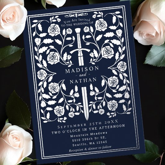 Zilveren Blauw Koninklijk Middeleeuws Zwaard Bruil Folie Uitnodiging