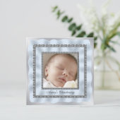 Zilveren Blauwe Baby Boy Foto Doop Doop Kaart (Staand voorkant)