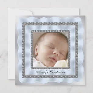 Zilveren Blauwe Baby Jongen Foto Doop Doopfeest Kaart