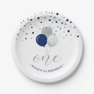 Zilveren & Blauwe Confetti Ballonnen 1e Verjaardag Papieren Bordje