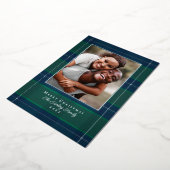 Zilveren, blauwe en groene geruite kerstfotokaart folie feestdagenkaart (Gedraaid)