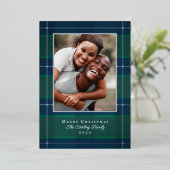 Zilveren, blauwe en groene geruite kerstfotokaart folie feestdagenkaart (Staand Voorkant)