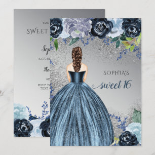 Zilveren Blauwe Glitter Jurk Sweet 16 verjaardag  Kaart