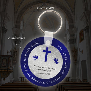 Zilveren Blauwe Kerksleutelhanger Christelijk Aand Sleutelhanger
