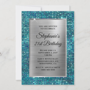 Zilveren Blauwe Teal Diamant Glam Folie 21e Verjaa Kaart