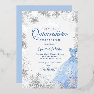 Zilveren Blauwe Winter Sneeuwvlok Quinceanera Folie Uitnodiging