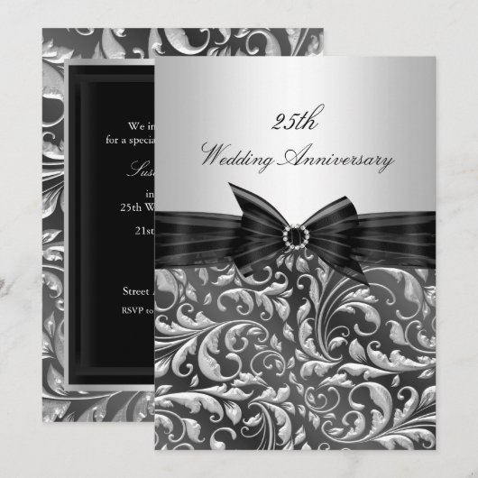 Zilveren Bloem Blad 25e Huwelijksjubileum Uitnodig Kaart (Voorkant / Achterkant)