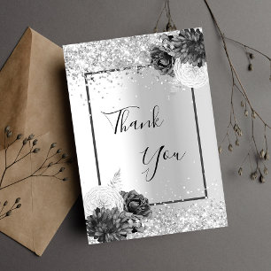 Zilveren bloem glitter elegant glamoureus bedankkaart