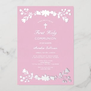 Zilveren bloemen op roze eerste communie folie uitnodiging