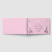 Zilveren bloemen op roze eerste communie gastenboek (Volledig)