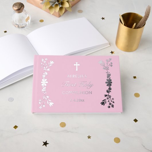 Zilveren bloemen op roze eerste communie gastenboek (Voorkant open)