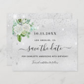 Zilveren bloemige verjaardagsfeest save the date k (Voorkant / Achterkant)