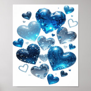 Zilveren 'Blue Hearts' 3D-tekstkunst die opvalt Poster