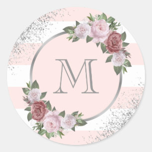 Zilveren Blush Roze Bloemige Monogram Ronde Sticker