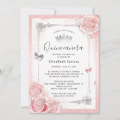 Zilveren Blush Roze Rozen Waterverf Quinceanera Kaart (Voorkant)