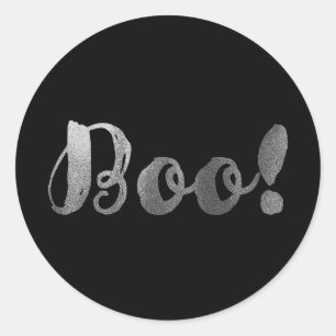 Zilveren BOE! Modern schrift Halloween feest favor Ronde Sticker