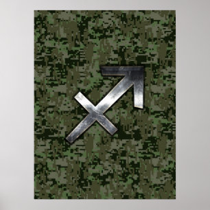 Zilveren Boogschutter-teken op bos digitale camouf Poster