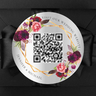 Zilveren bordeauxrode bloemen goud geometrische QR Ronde Sticker