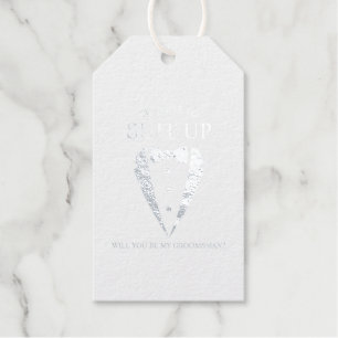 Zilveren bruiloft Tuxedo Suit Groomsman Voorstel Cadeaulabels